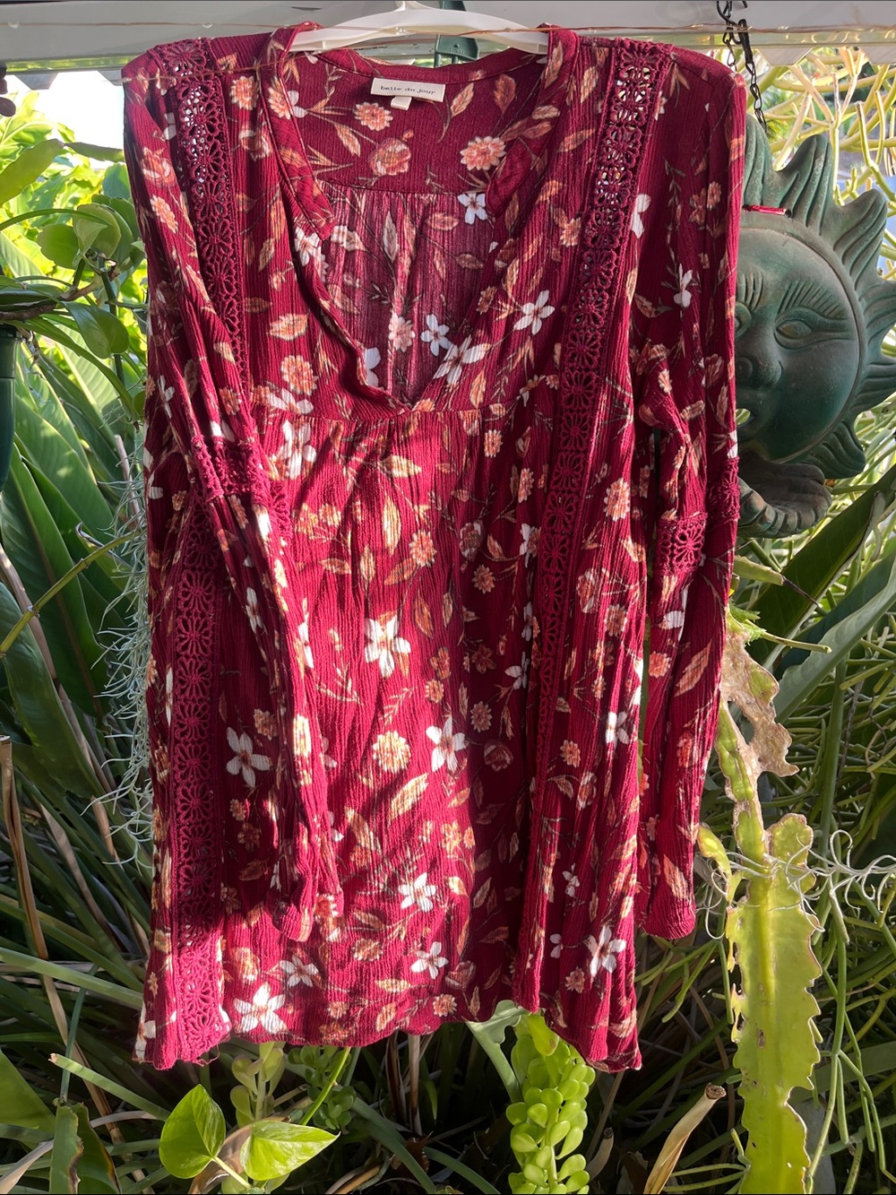 Burgundy Floral Tie-Front Boho Blouse